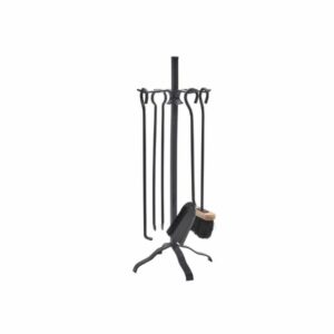 Serviteur cheminée acier | 4 accessoires | Socle + pelle + balayette + tisonnier + pince