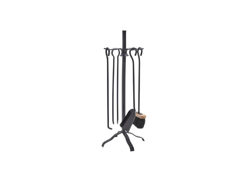 Serviteur cheminée acier | 4 accessoires | Socle + pelle + balayette + tisonnier + pince