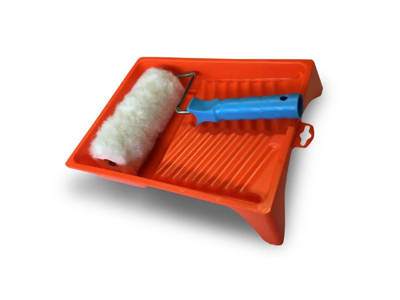 Bac à peinture plat Kit anti-gouttes | Rouleau à poils longs polyester | Largeur 18 cm | Ø 8 cm