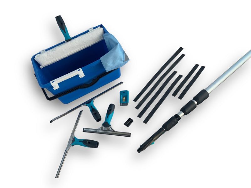 Kit laveur de vitres hyper pro | Avec perche seau mouilleur raclette grattoir chiffon